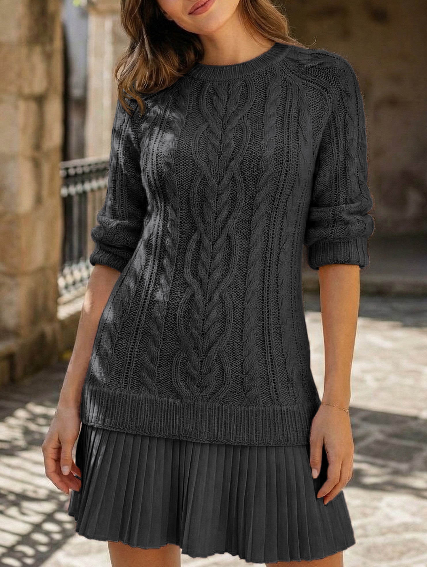 Anna-Berg | Cable Knit Chiffon Patchwork Dress