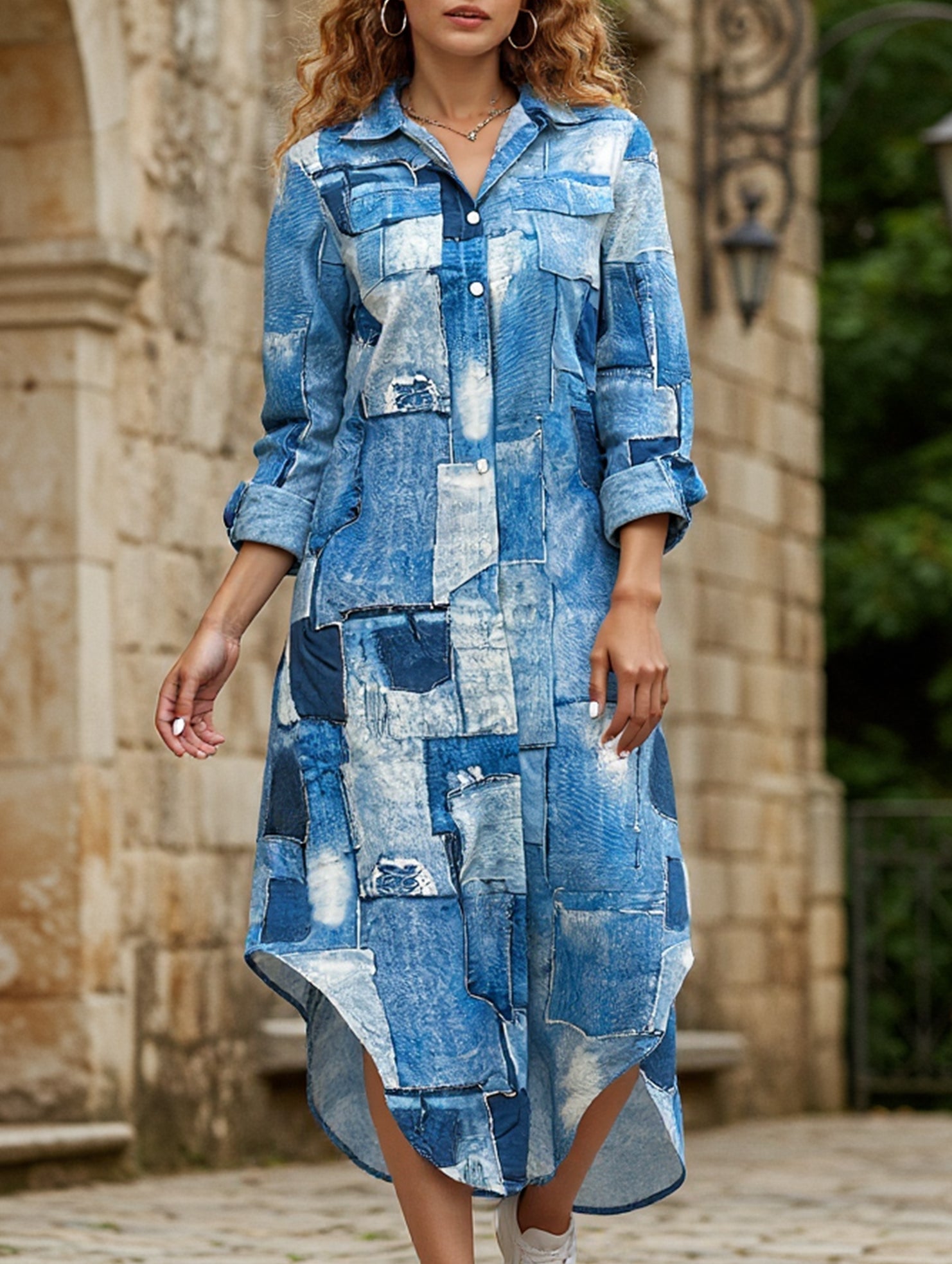 Anna-Berg | Denim Print Button-Down Shirt Dress