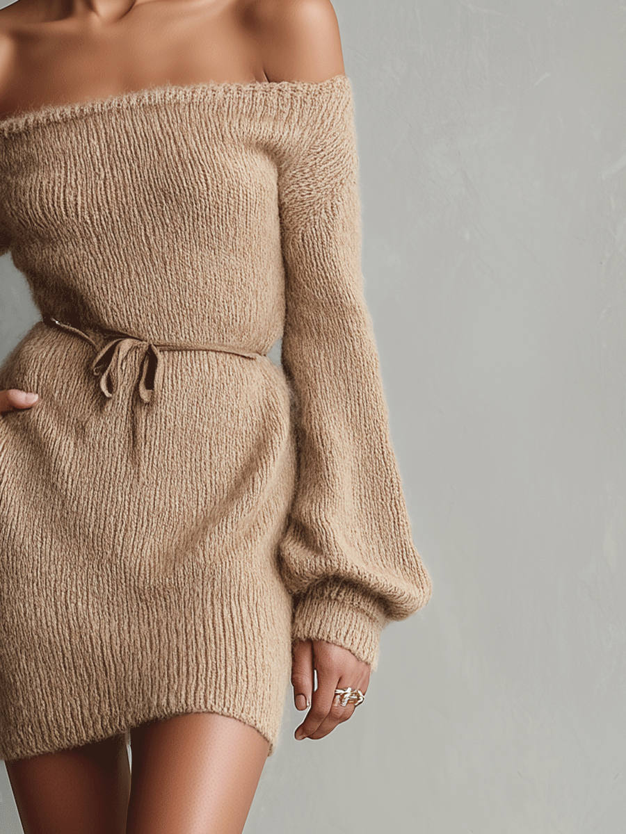 Anna-Berg | Camel Knit Off-Shoulder Evening Dress