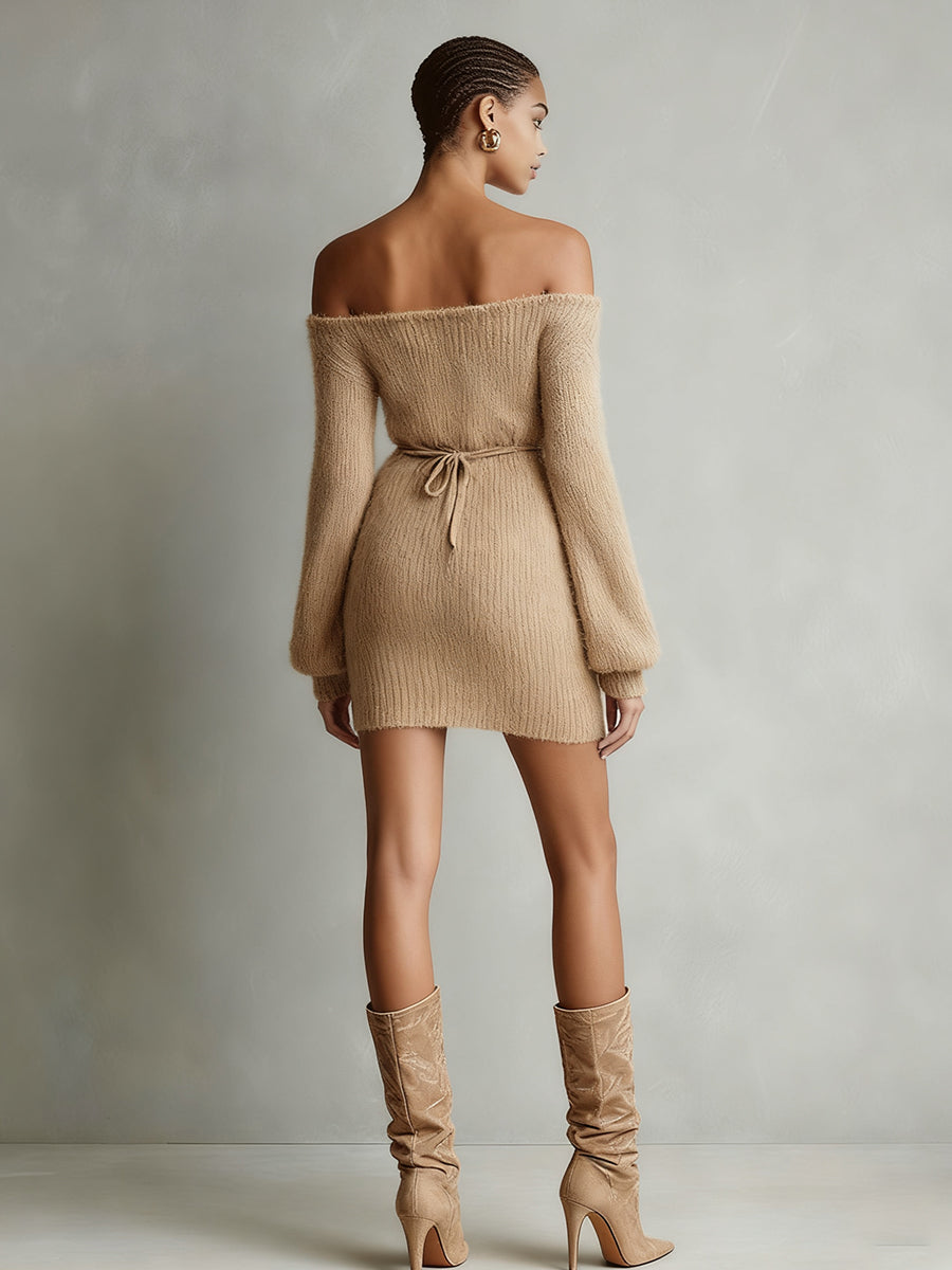Anna-Berg | Camel Knit Off-Shoulder Evening Dress