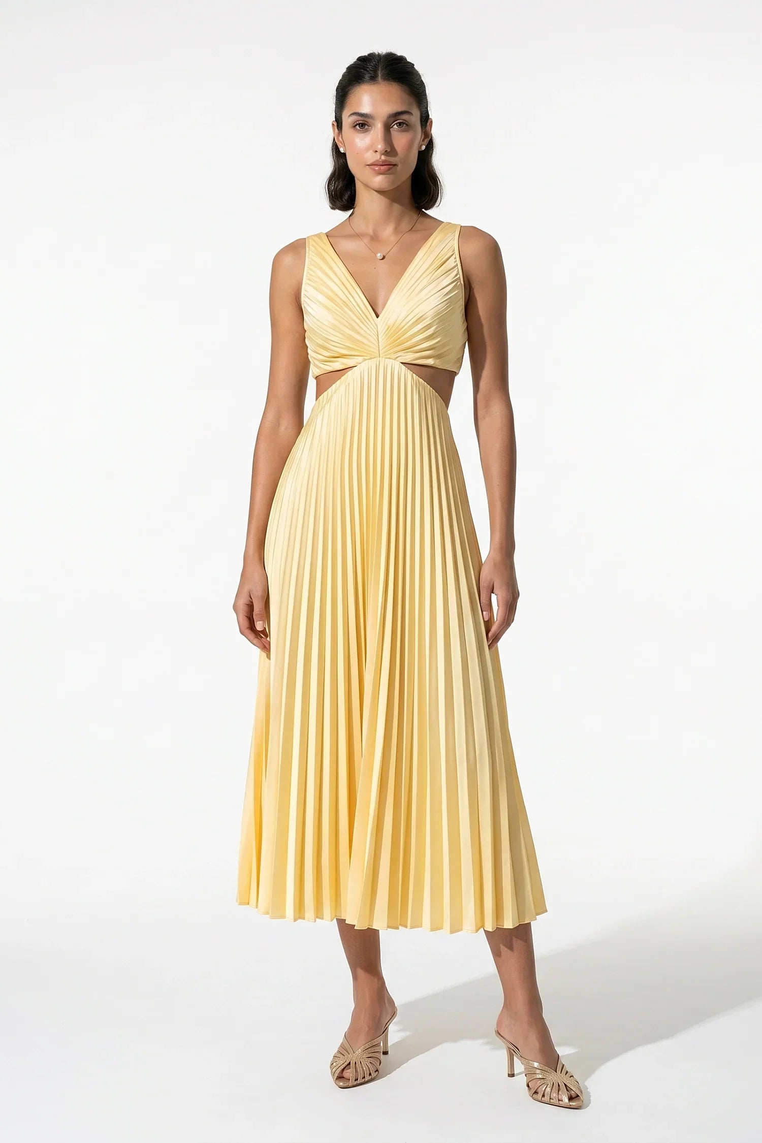 Anna-Berg | Pleated V-Neck Suspender Hollow Waist Dress