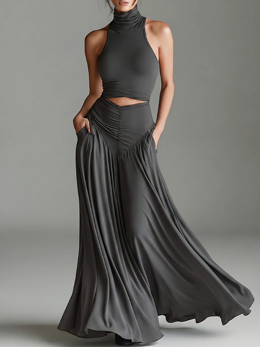 Anna-Berg | Charcoal Knit Turtleneck Evening Dress