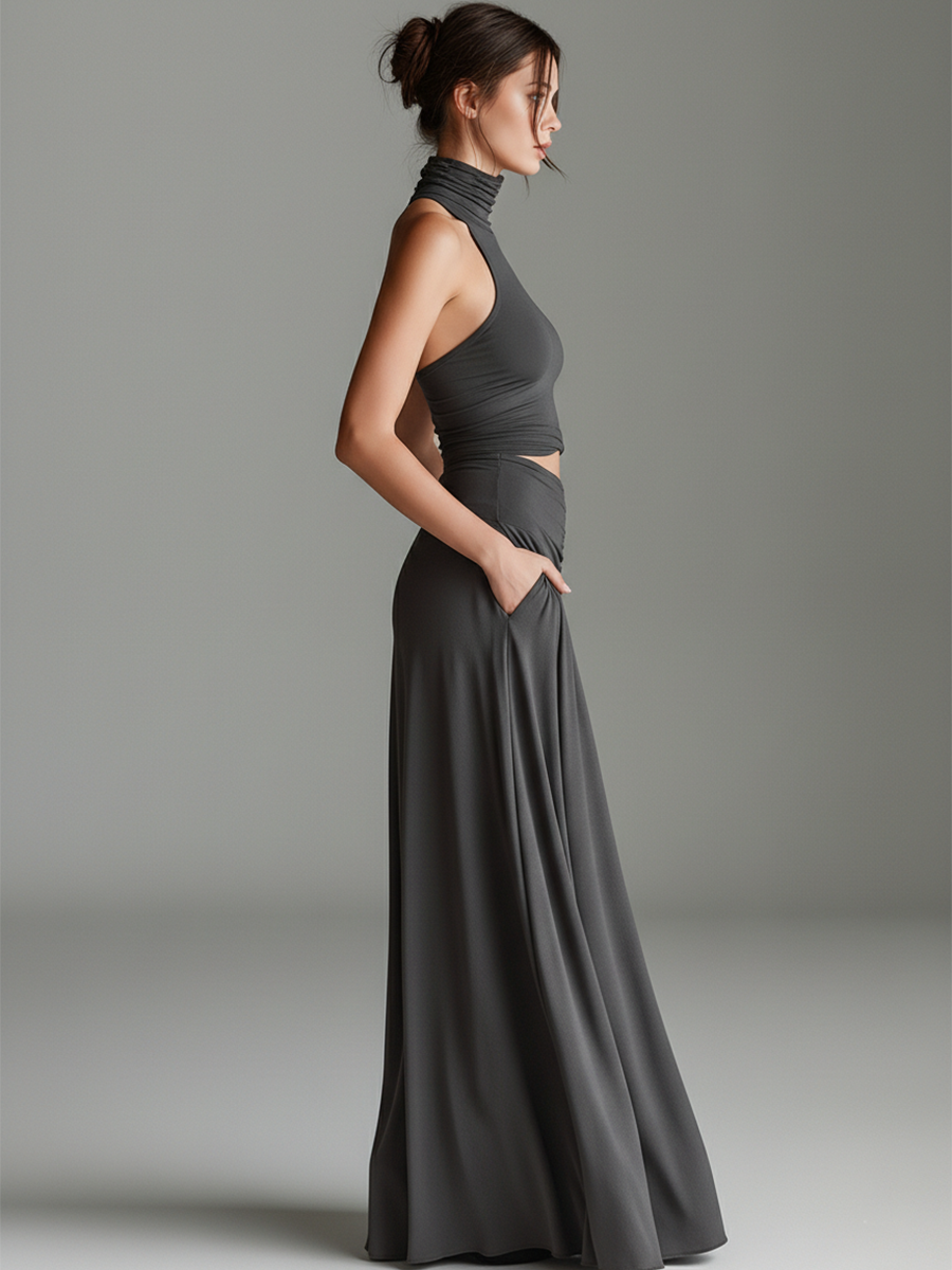 Anna-Berg | Charcoal Knit Turtleneck Evening Dress
