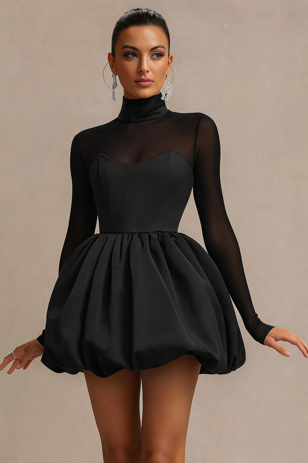 Anna-Berg | Feminine High Neck Long Sleeve Mini Dress With Sculpted Puff Skirt