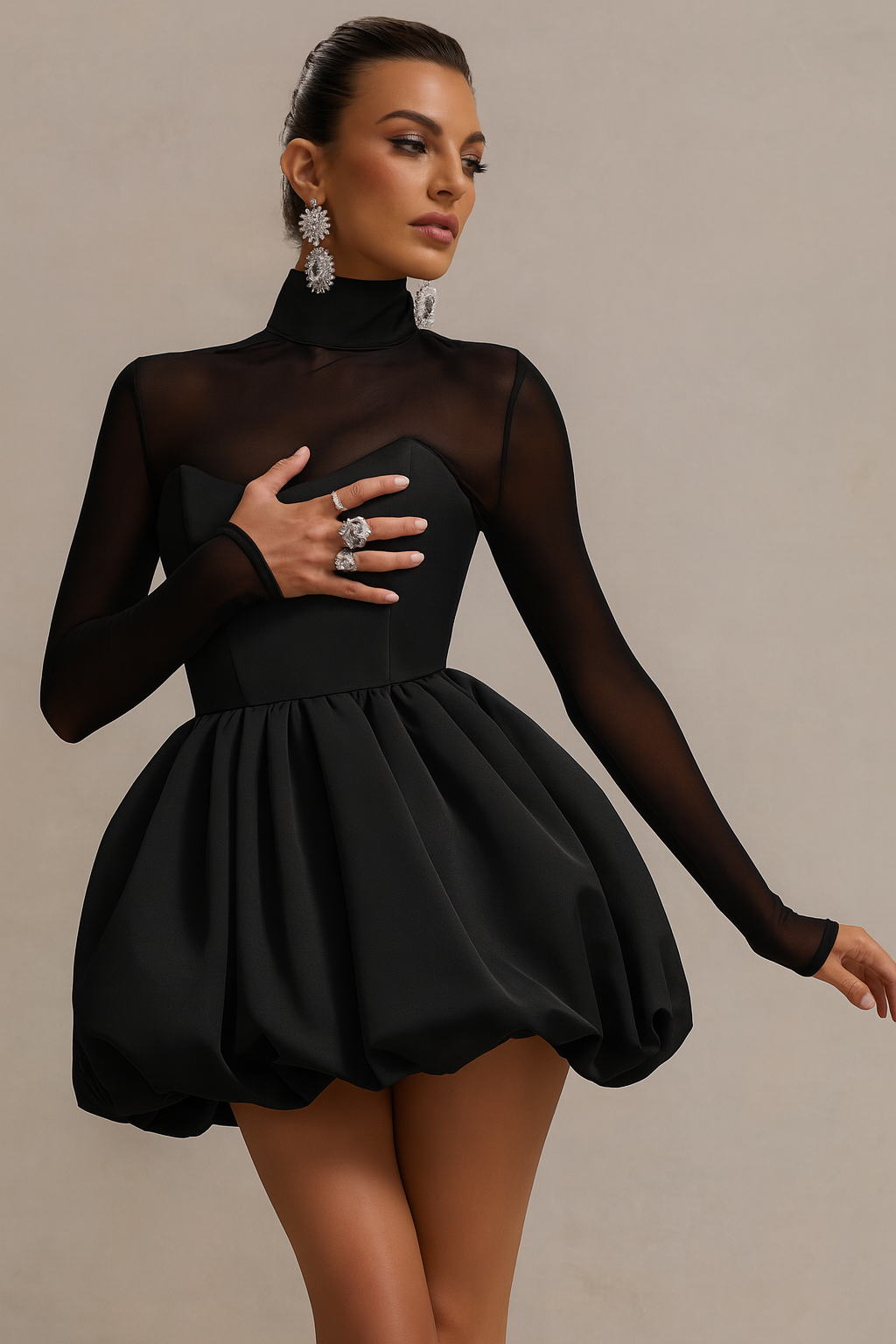 Anna-Berg | Feminine High Neck Long Sleeve Mini Dress With Sculpted Puff Skirt