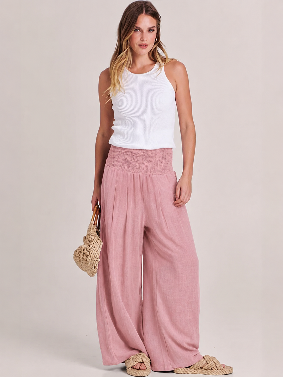 Anna-Berg | Statement High Waist Wide Leg Pants Smocked Waistband