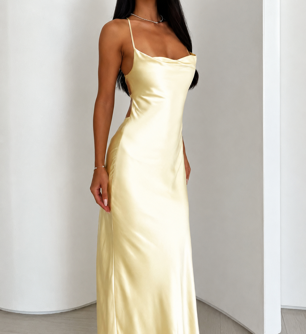 Anna-Berg | Gold Satin Cowl Neck Spaghetti Dress