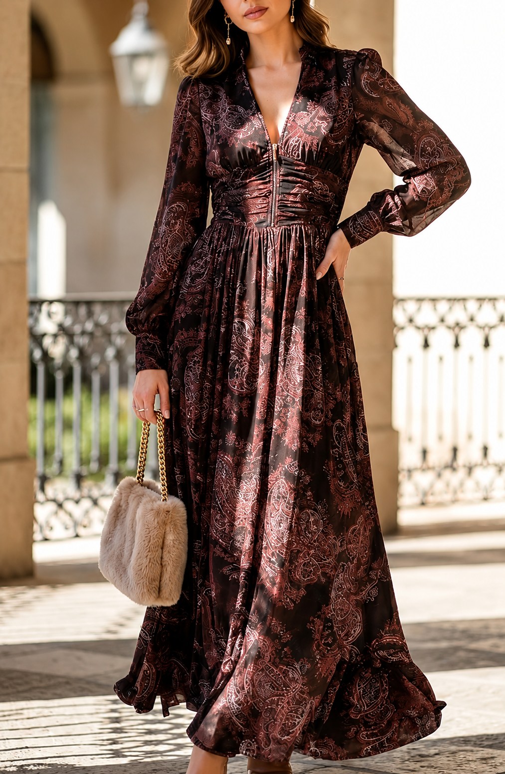 Anna-Berg | Retro Long-Sleeved V-Neck Fitted Waist Dress