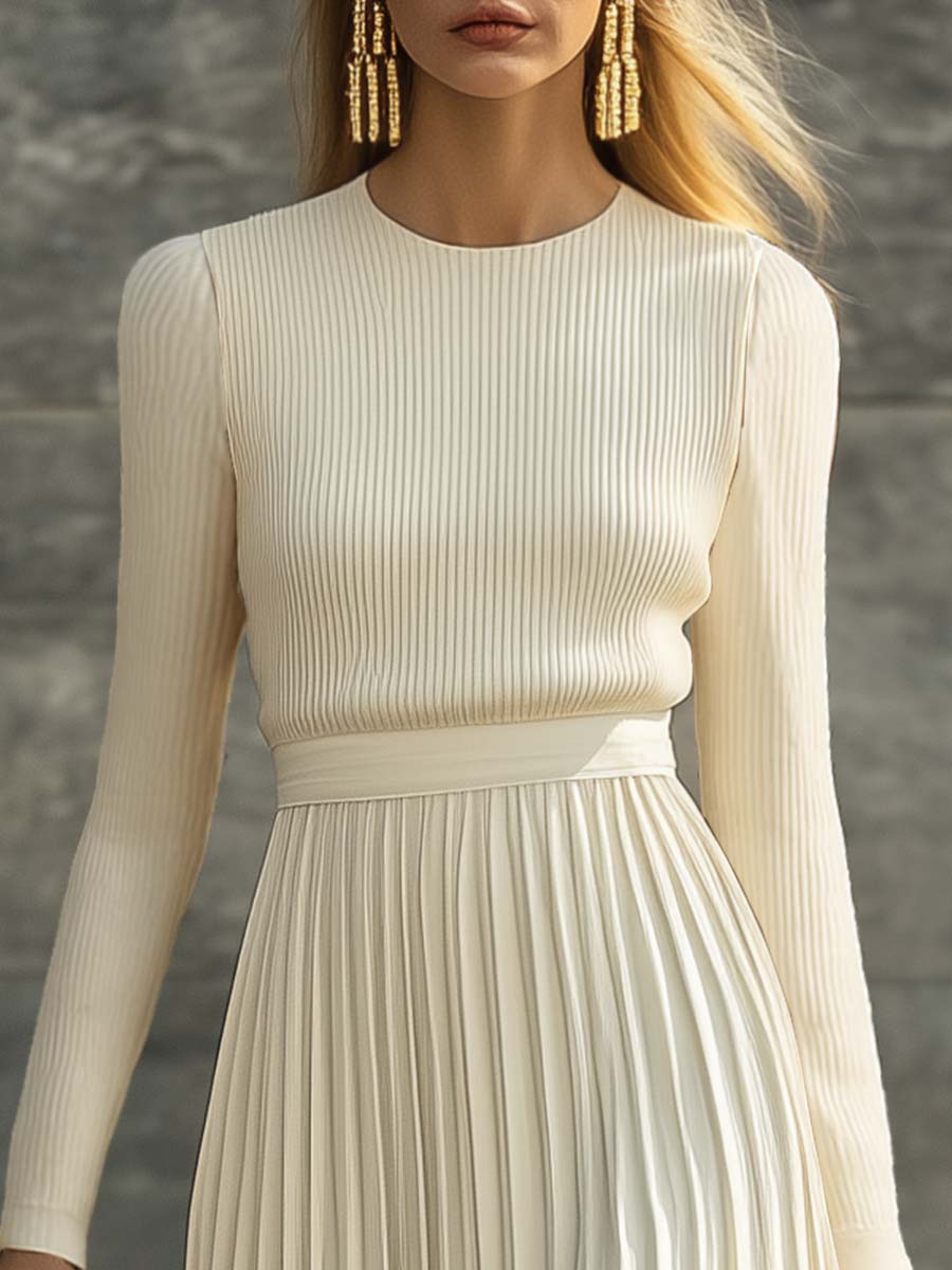 Anna-Berg | Cream Satin Pleated Casual Dress