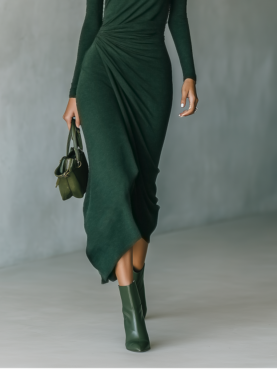 Anna-Berg | Dark Green Knit Wrap Dress
