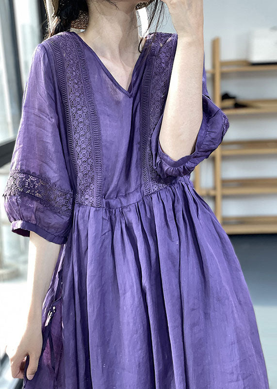 Anna-Berg | Purple Neck Lace Patchwork Cotton Dress
