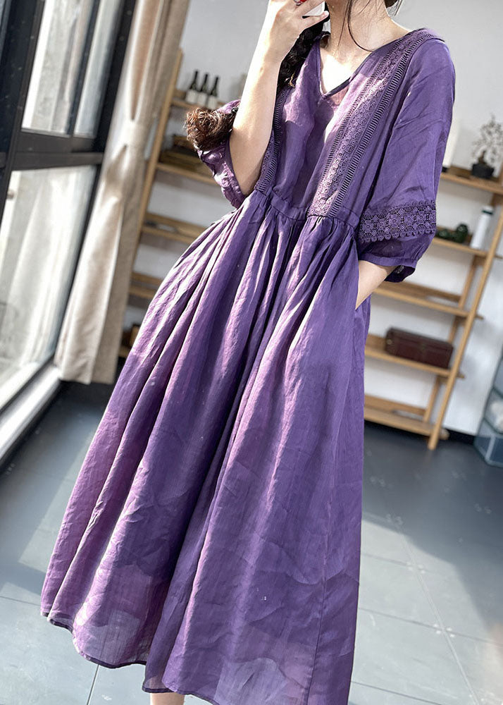 Anna-Berg | Purple Neck Lace Patchwork Cotton Dress