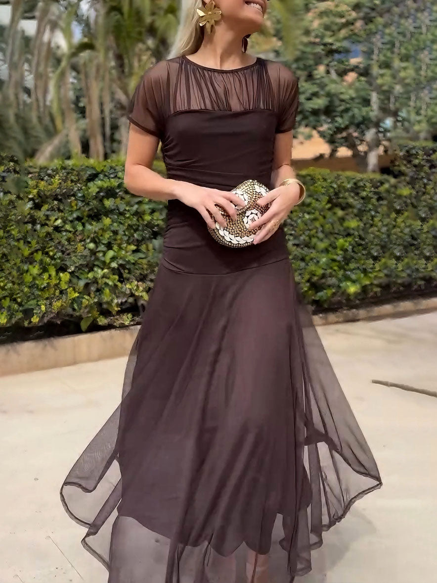Anna-Berg | Elegant Mesh Pleated Wide-Leg Hip-Hugging Dress