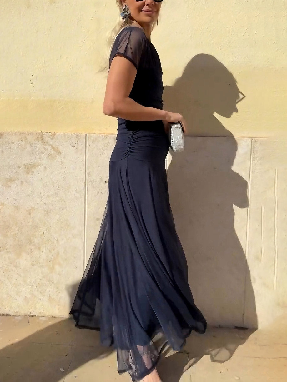 Anna-Berg | Elegant Mesh Pleated Wide-Leg Hip-Hugging Dress