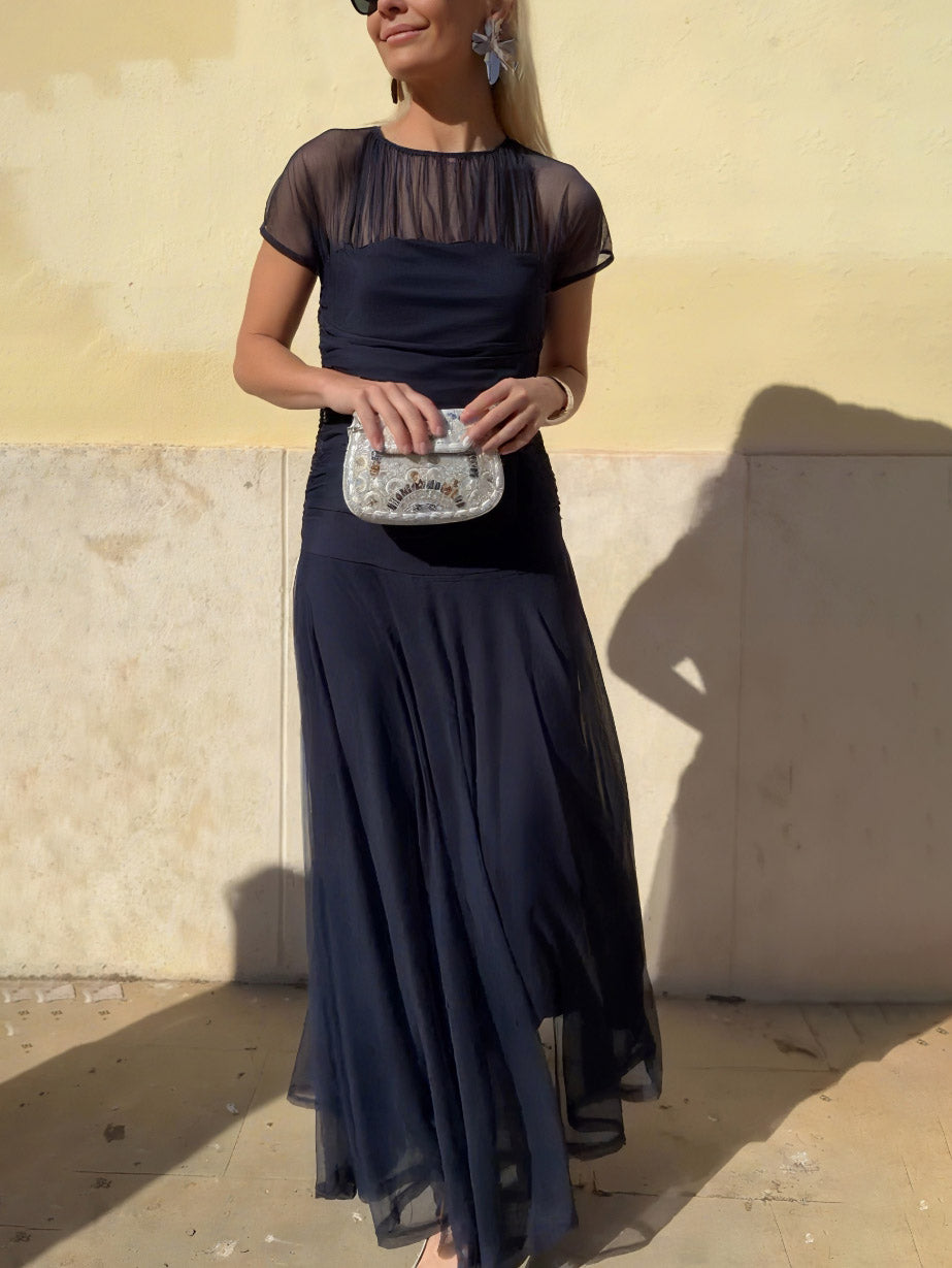 Anna-Berg | Elegant Mesh Pleated Wide-Leg Hip-Hugging Dress