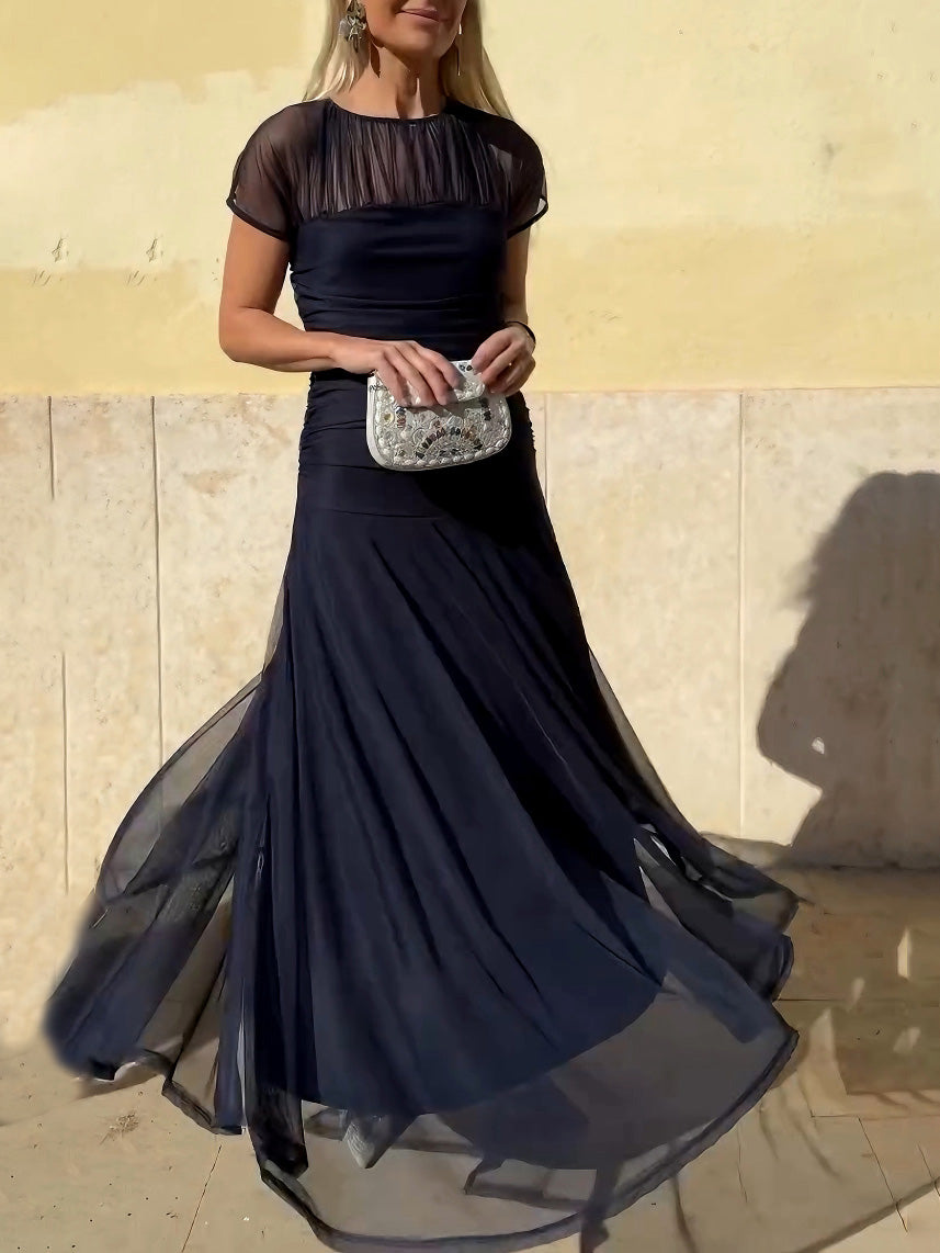 Anna-Berg | Elegant Mesh Pleated Wide-Leg Hip-Hugging Dress