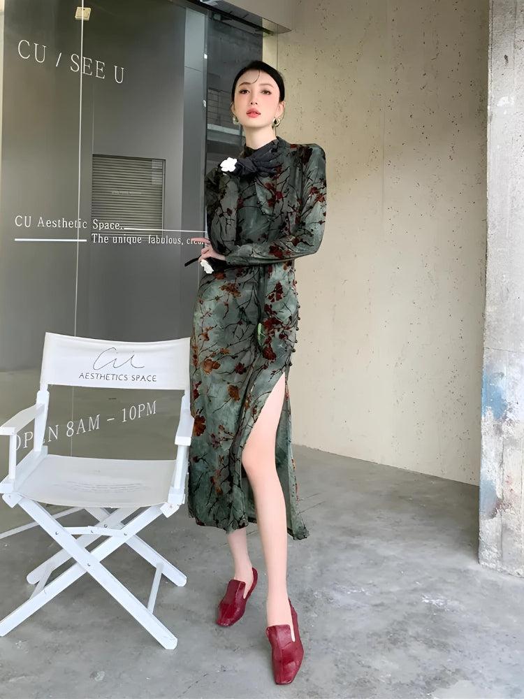 Anna-Berg | Fairycore Floral Slit Qipao Dress