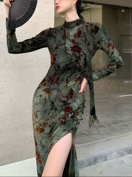 Anna-Berg | Fairycore Floral Slit Qipao Dress