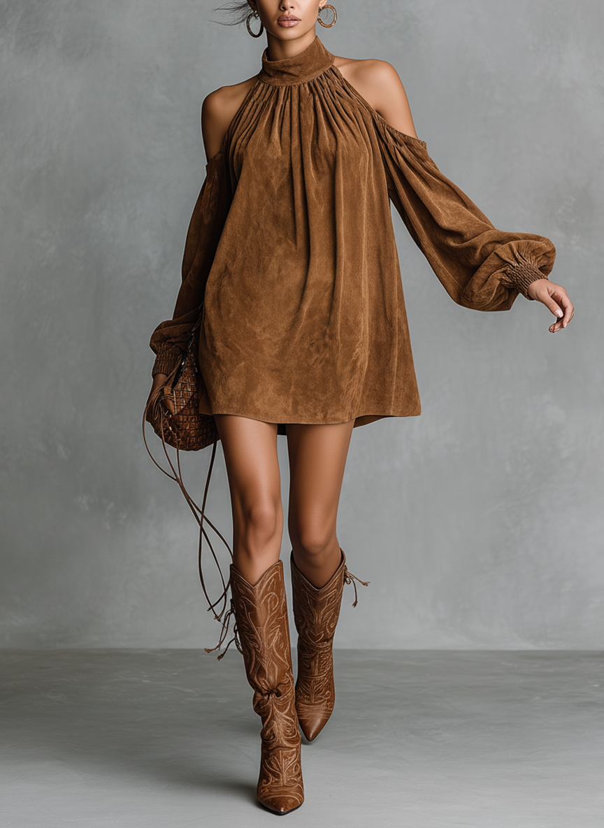 Anna-Berg | Faux Suede Halter Neck Dress
