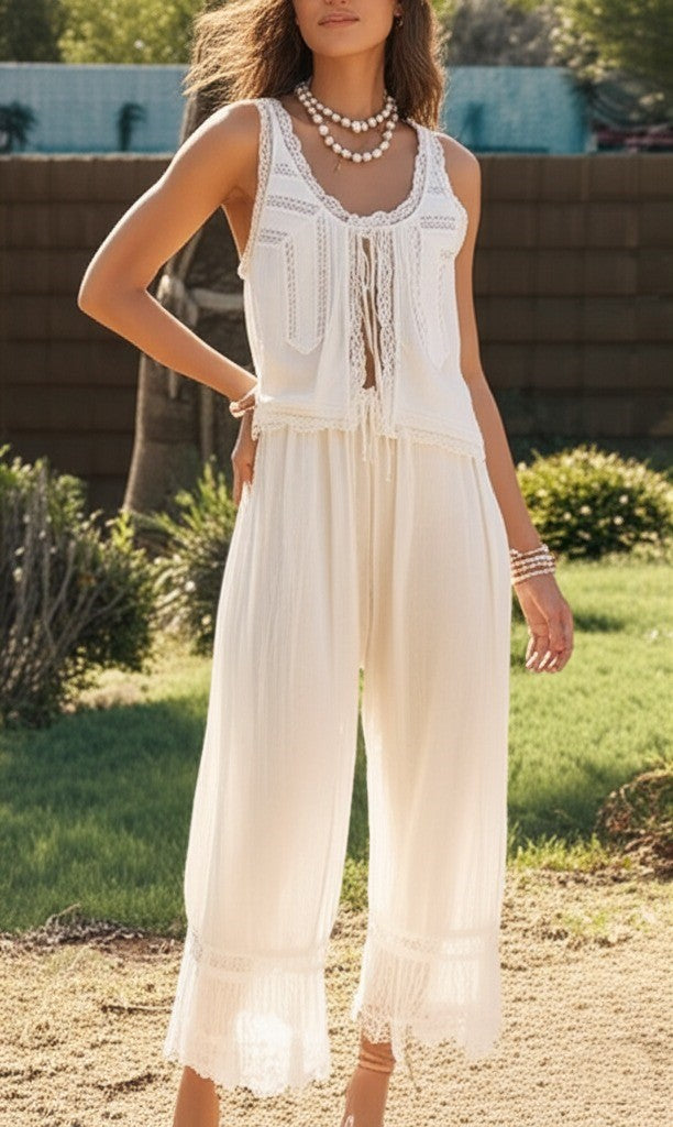 Anna-Berg | Ivory Cropped & High-Waist Lace Two-Piece Set