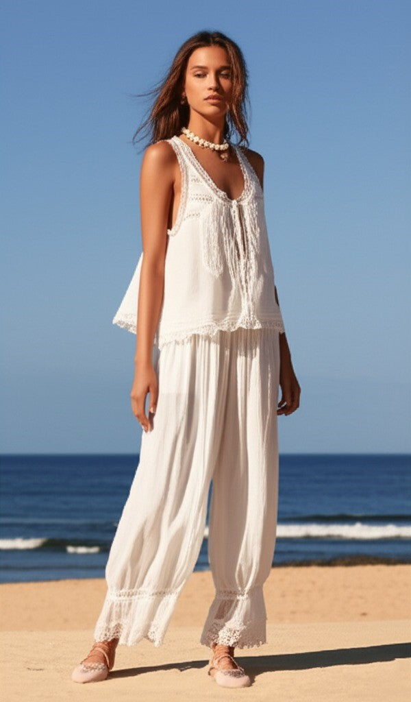 Anna-Berg | Ivory Cropped & High-Waist Lace Two-Piece Set