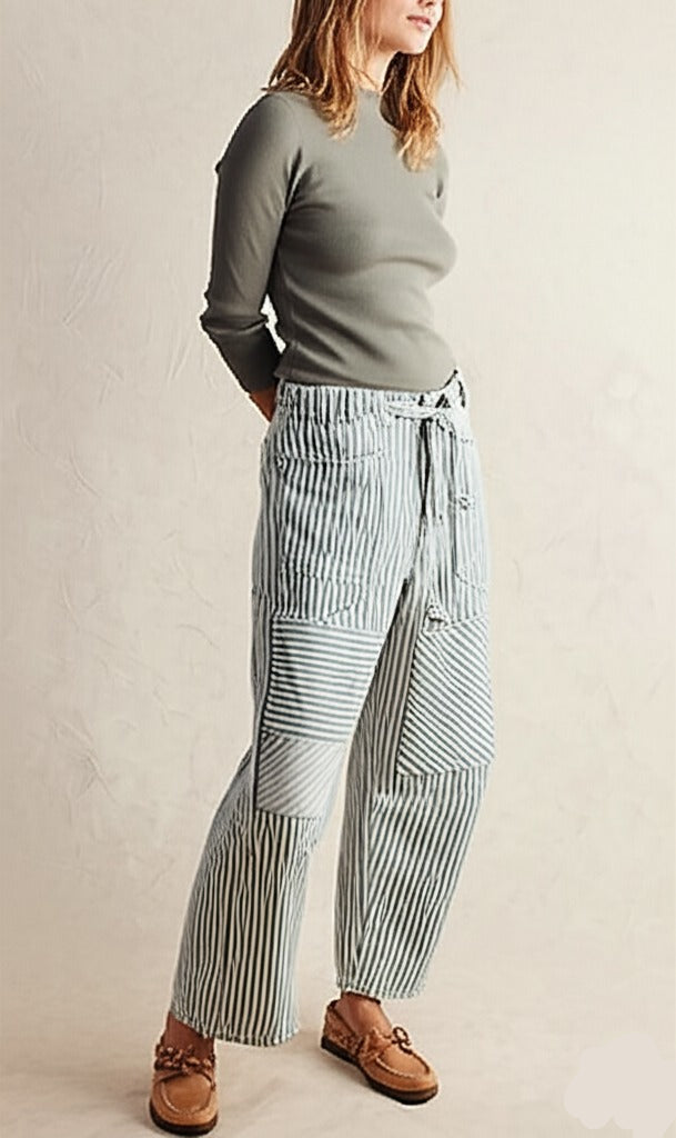 Anna-Berg | Navy Striped Wide-Leg Cotton Pant