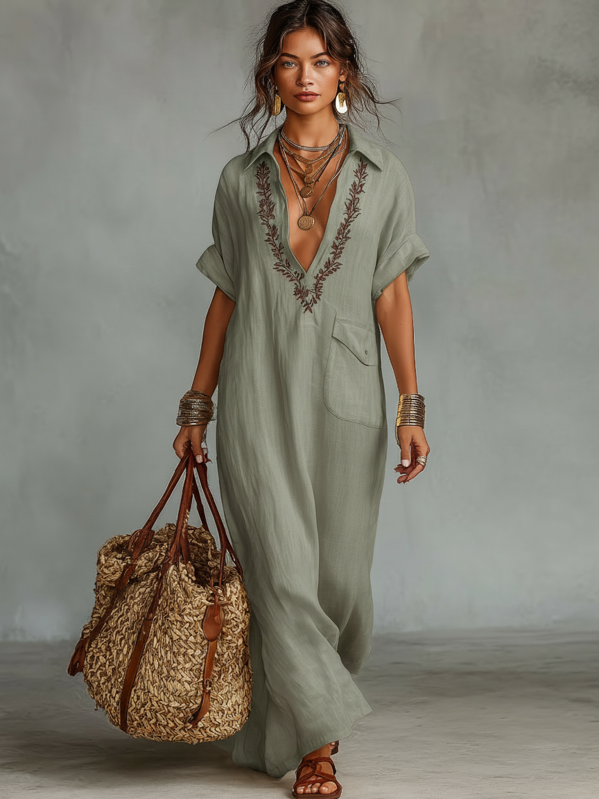 Anna-Berg | Red Linen Embroidered Dress