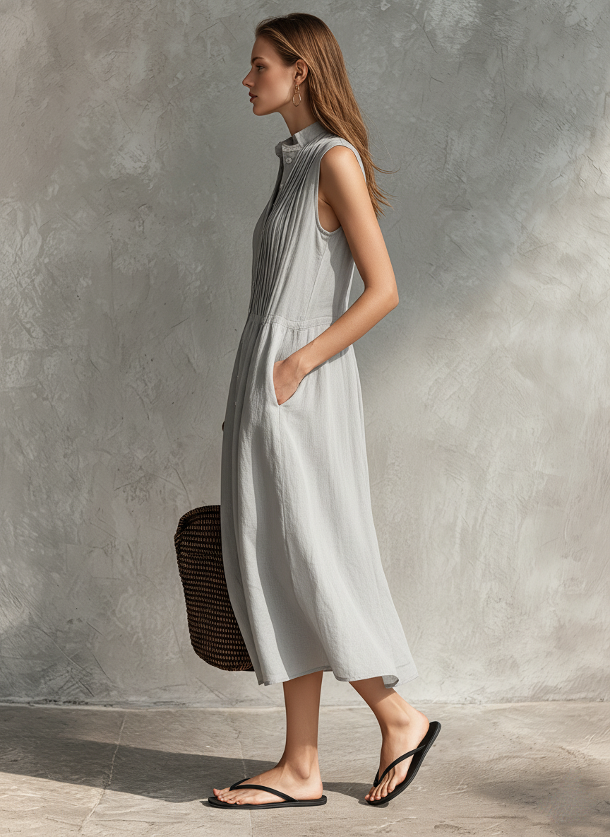 Anna-Berg | Casual Grey Cotton-Linen Sleeveless Dress