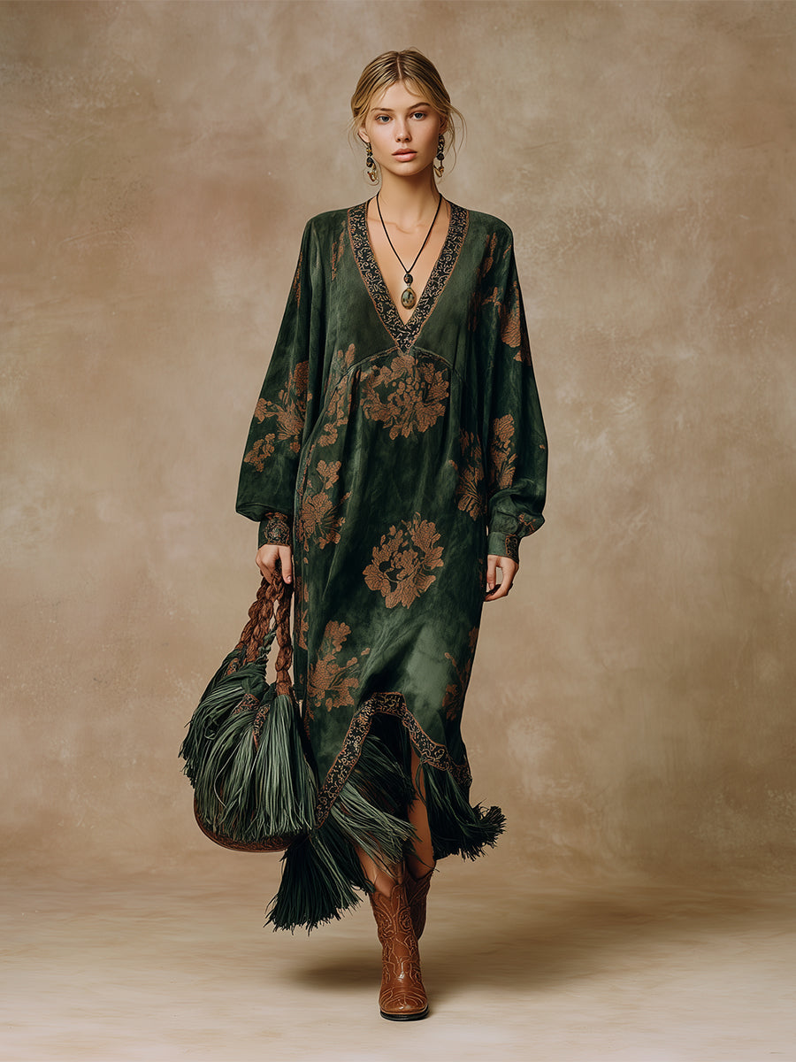 Anna-Berg | Green Faux Suede Tassel Dress