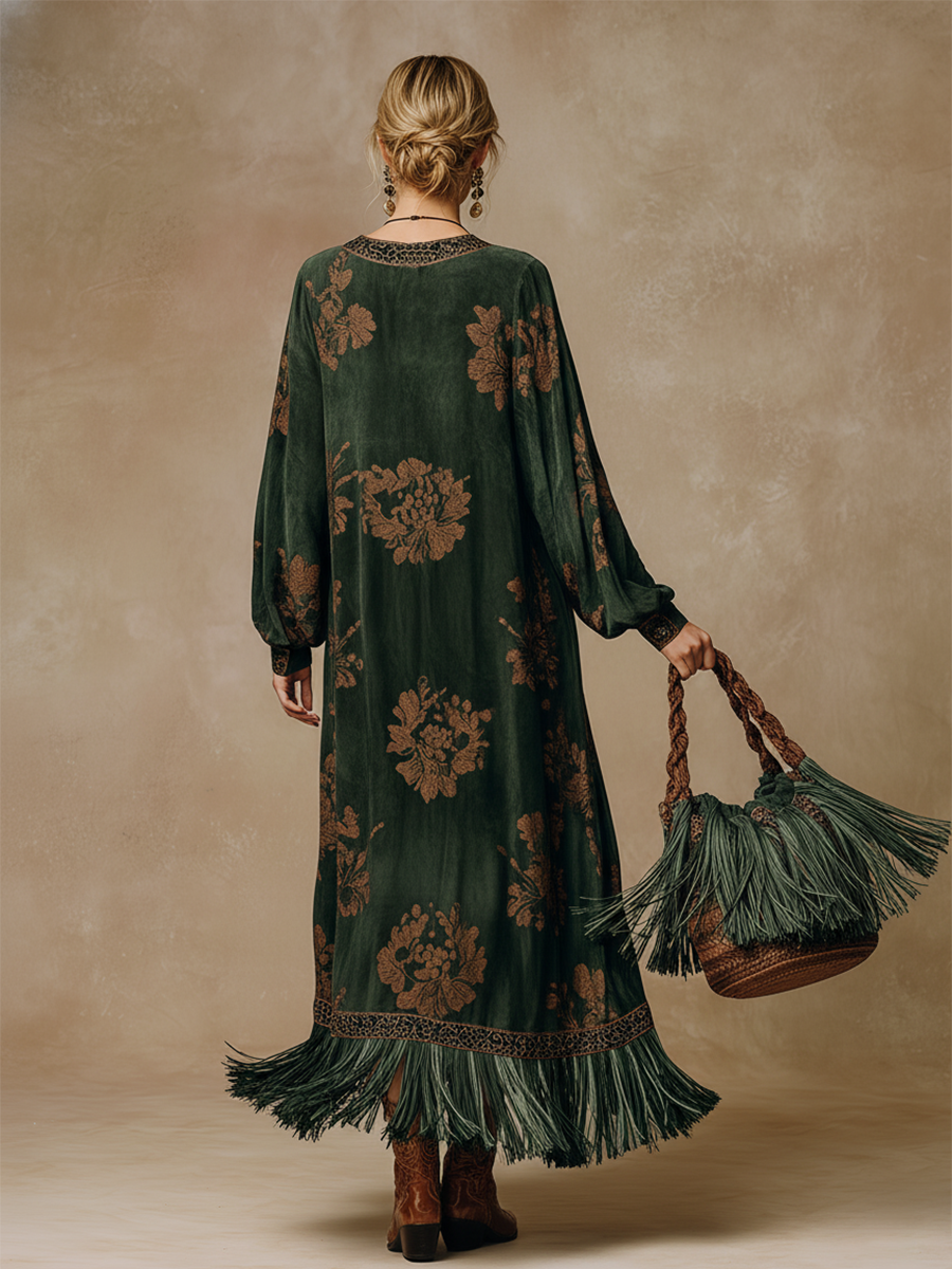 Anna-Berg | Green Faux Suede Tassel Dress