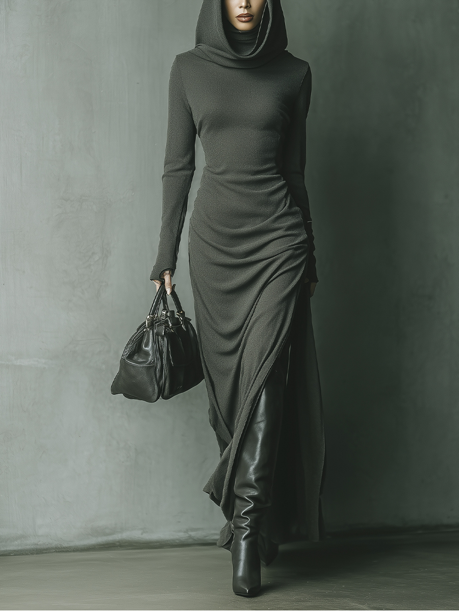 Anna-Berg | Grey Knit Hooded Dress