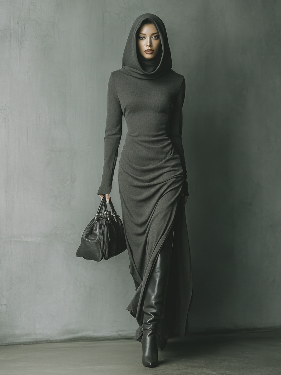 Anna-Berg | Grey Knit Hooded Dress