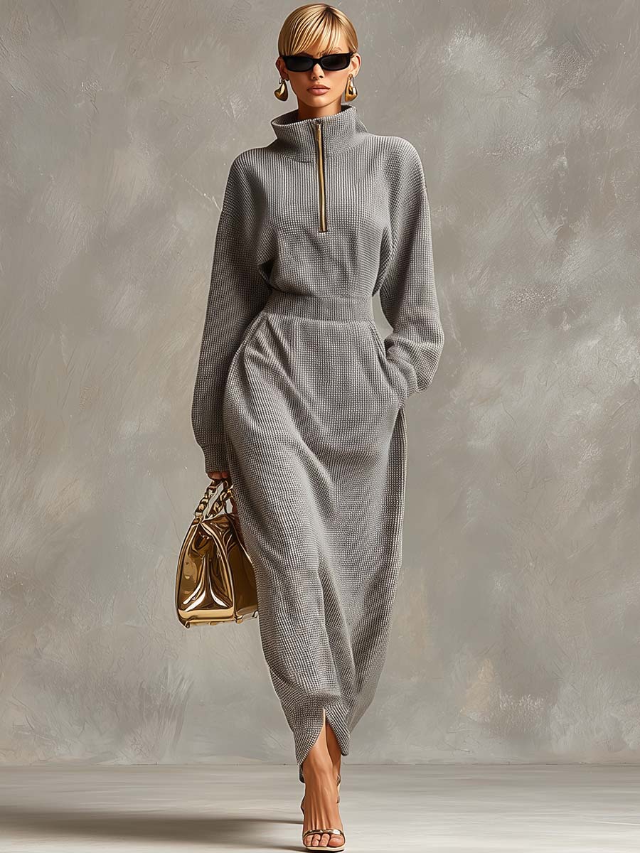 Anna-Berg | Grey Waffle Long Sleeve Casual Dress