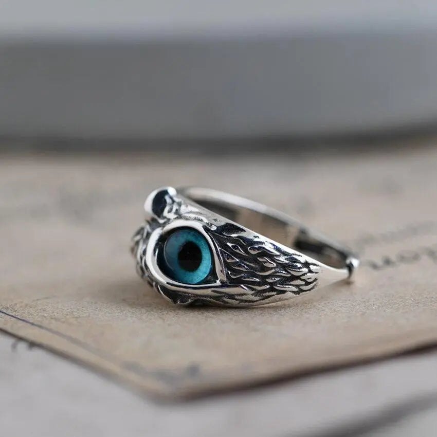 Owl of Happiness adjustable ring in silver and opal