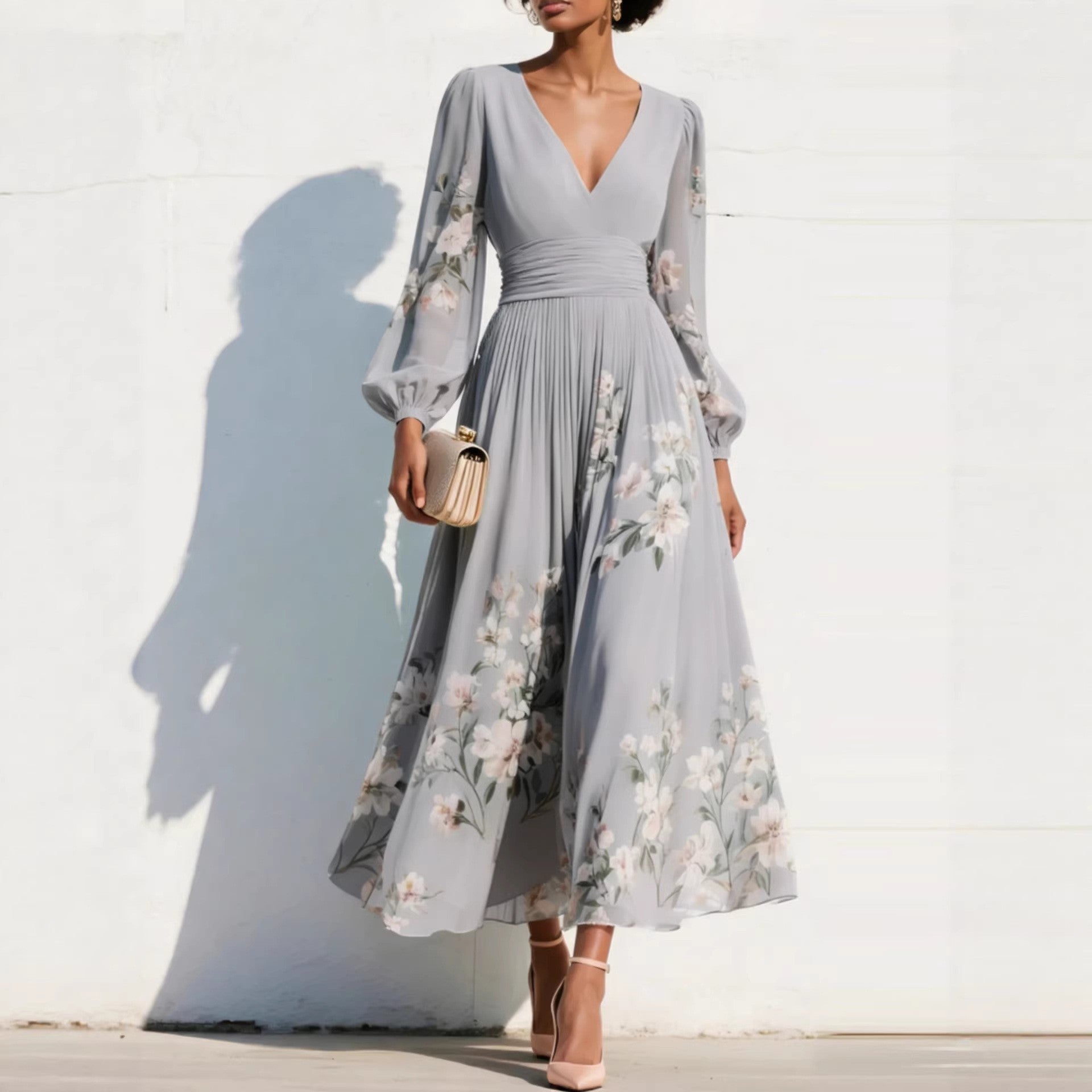 Anna-Berg | Elegant Floral Print Long-Sleeved V-Neck Dress