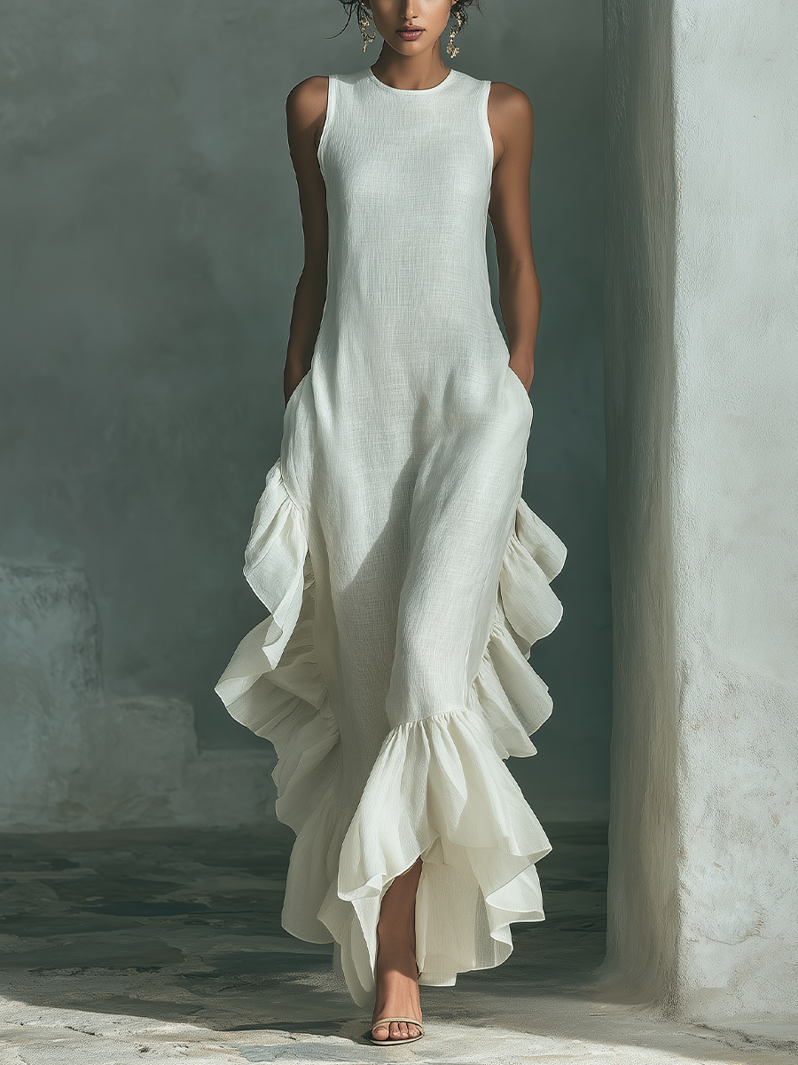 Anna-Berg | Ivory Linen Ruffle Dress