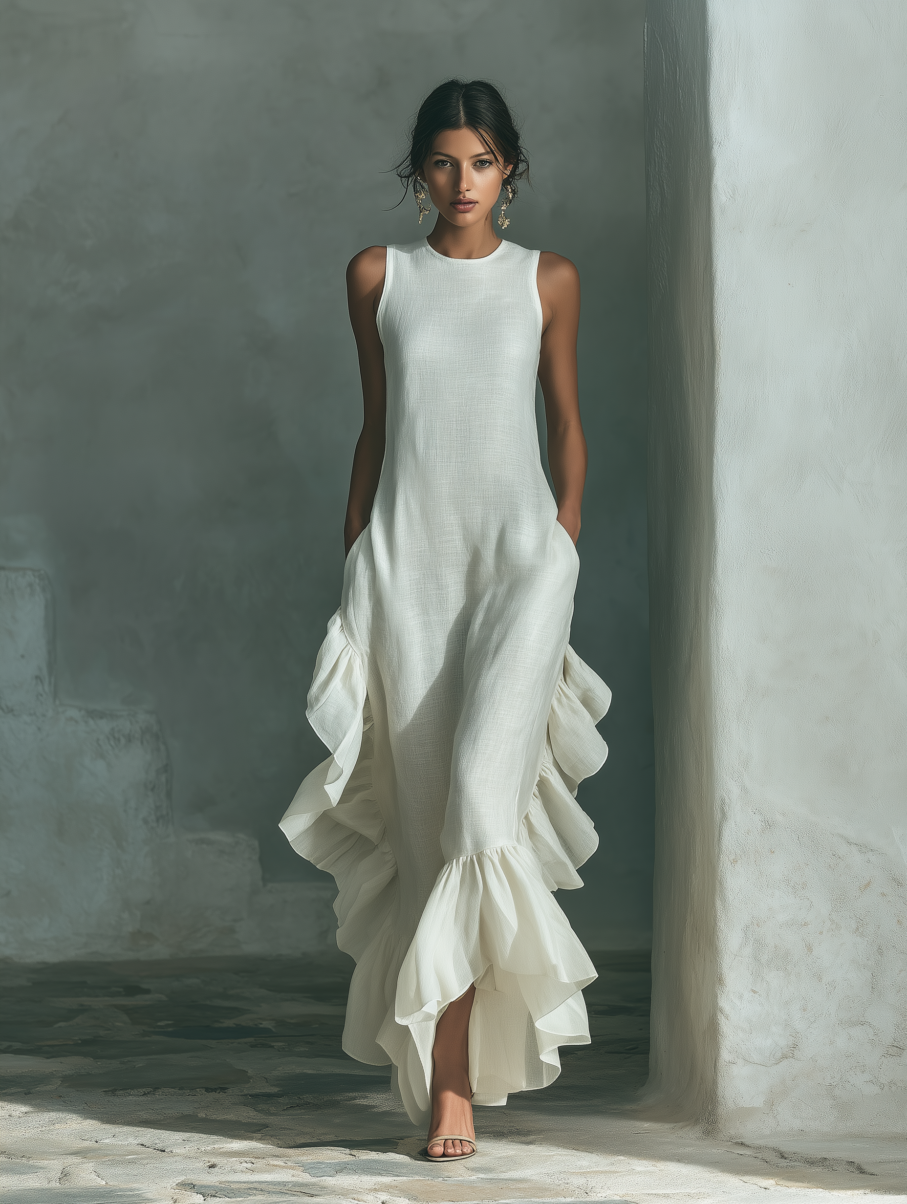 Anna-Berg | Ivory Linen Ruffle Dress