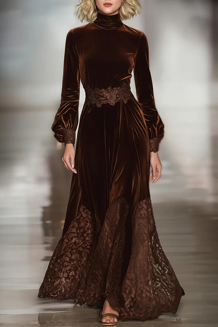 Anna-Berg | Elegant Maxi Velvet Dress With Turtleneck And Lace