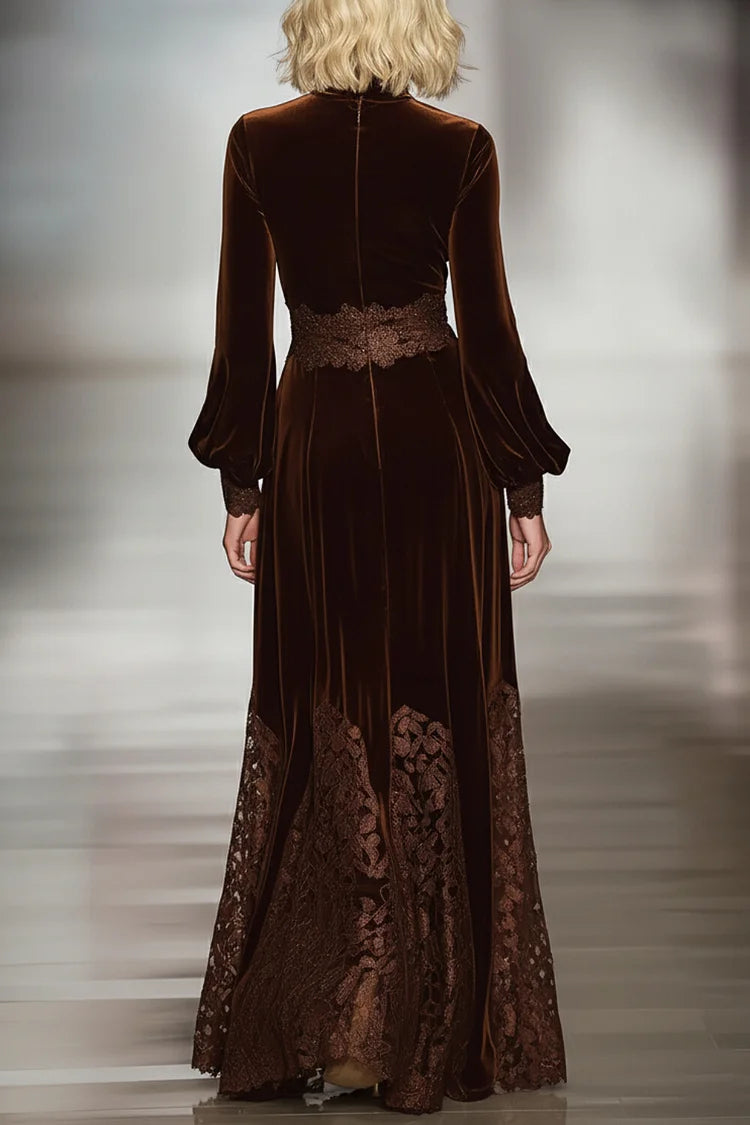Anna-Berg | Elegant Maxi Velvet Dress With Turtleneck And Lace