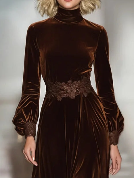 Anna-Berg | Elegant Maxi Velvet Dress With Turtleneck And Lace