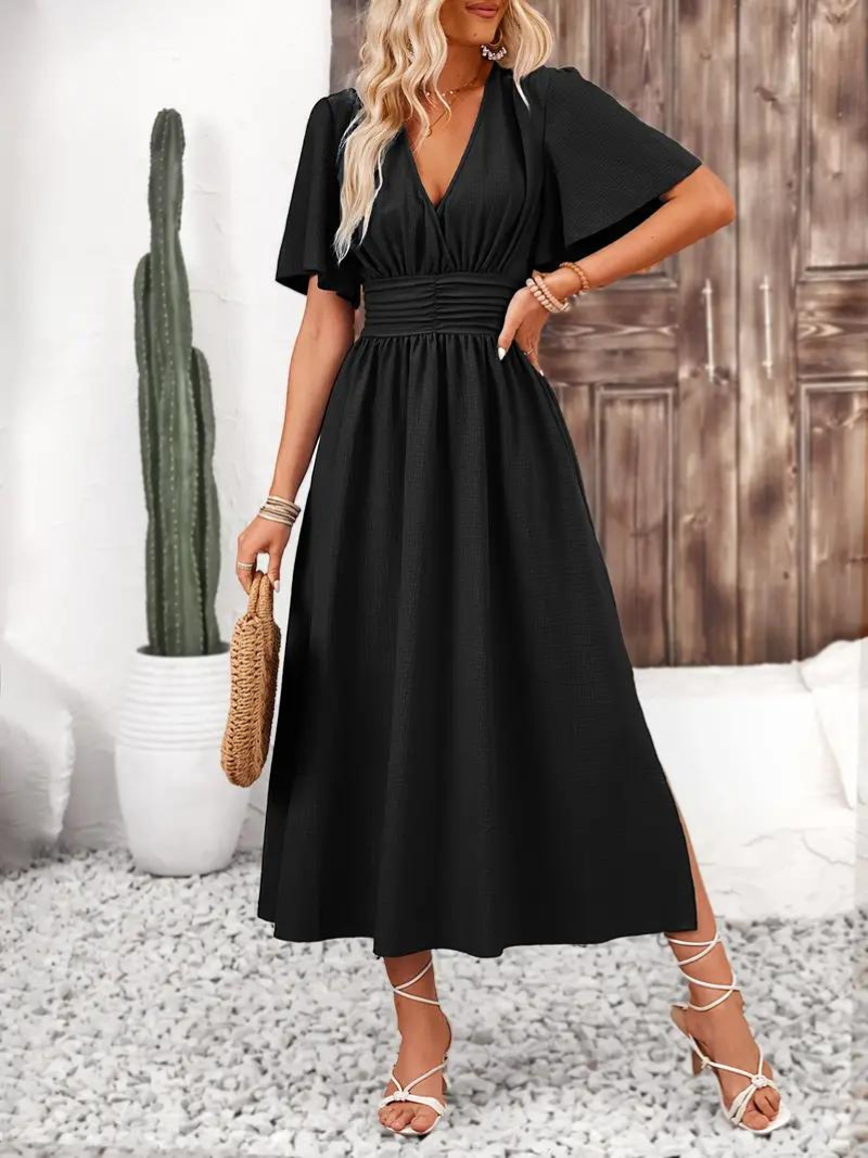 Anna-Berg | Long Short Sleeve V-Neck Dress