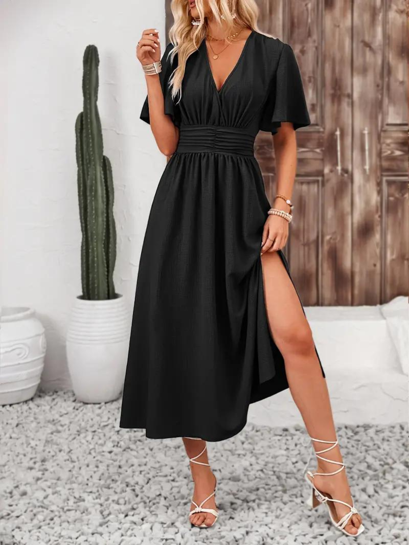 Anna-Berg | Long Short Sleeve V-Neck Dress