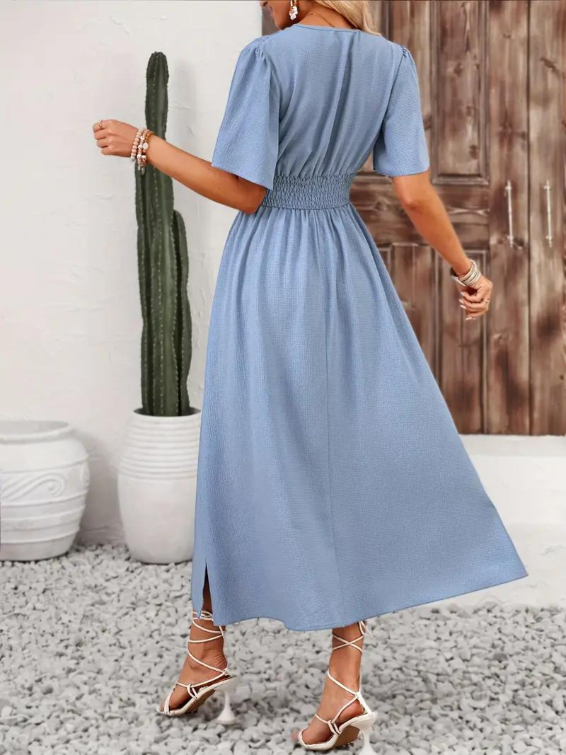 Anna-Berg | Long Short Sleeve V-Neck Dress
