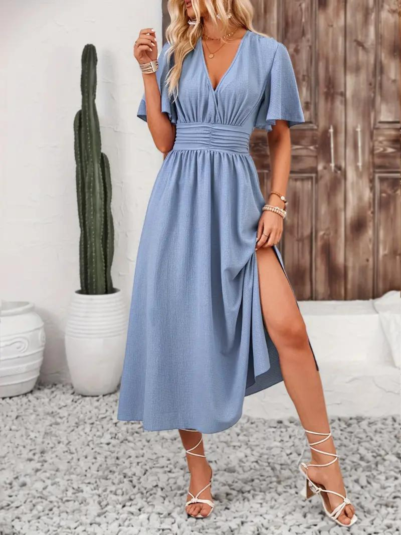 Anna-Berg | Long Short Sleeve V-Neck Dress
