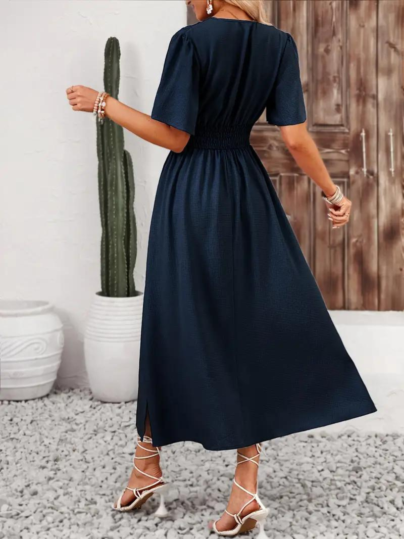 Anna-Berg | Long Short Sleeve V-Neck Dress