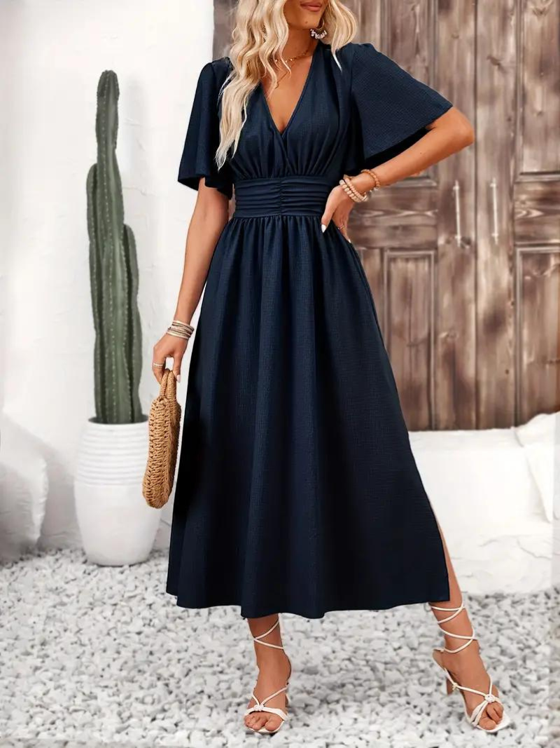 Anna-Berg | Long Short Sleeve V-Neck Dress