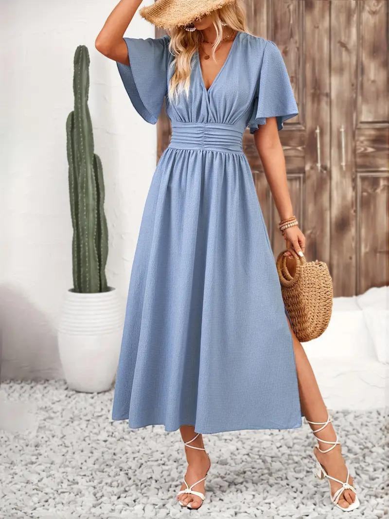 Anna-Berg | Long Short Sleeve V-Neck Dress