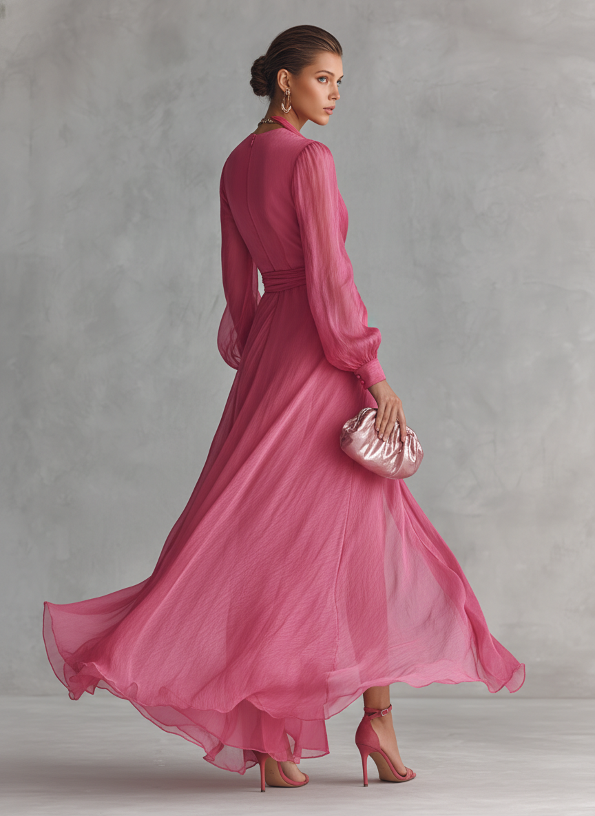 Anna-Berg | Chic Pink Pearl Chiffon Maxi Dress for Effortless Elegance