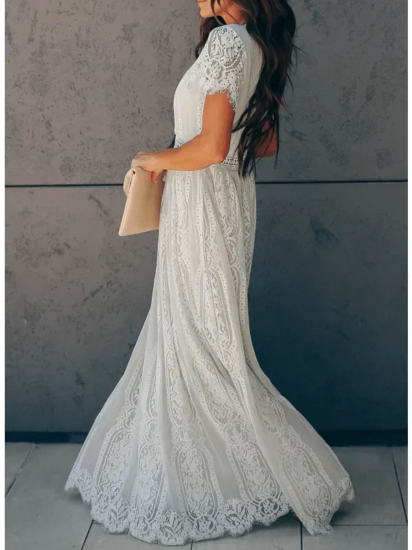 Anna-Berg | Modern White Lace Maxi Dress - V-Neck Short Sleeve Boho Floral Panel Wedding Guest