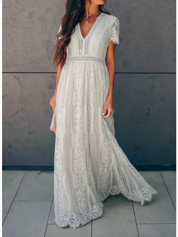Anna-Berg | Modern White Lace Maxi Dress - V-Neck Short Sleeve Boho Floral Panel Wedding Guest
